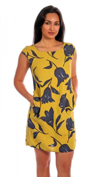 Leinen Kleid Sommerkleid Knielang Tulip Druckdesign A-Linie Maisgelb Blau
