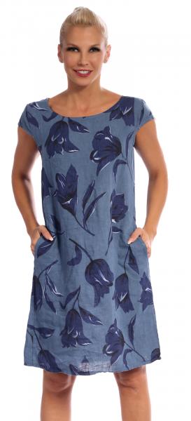Leinen Kleid Sommerkleid Knielang Tulip Druckdesign A-Linie Jeansblau