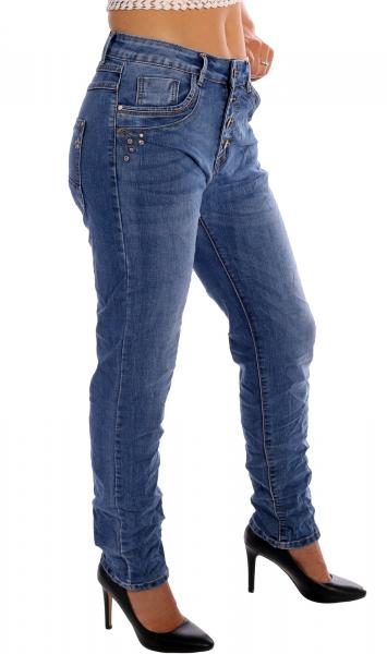 KAROSTAR Baggy Damen Jeans 4 Button Style Jeansblau mit Strassteinchen