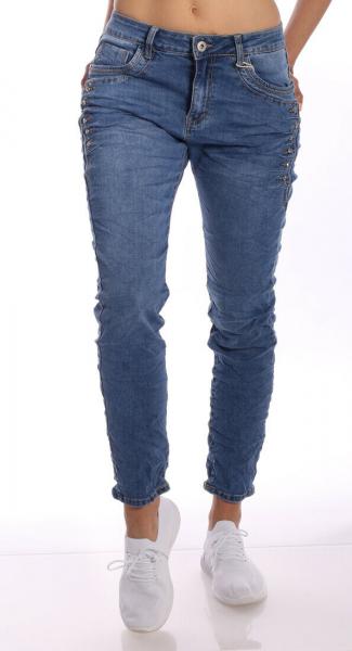 KAROSTAR Baggy Damen Jeans 1 Button Style Jeansblau Glitzer Gr. 38 - 48