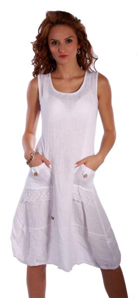 Damen Leinen Kleid ärmellos mit schönen Details Weiß