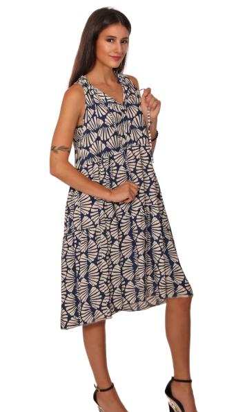 Sommerkleid ärmellos mit Muscheldruckdesign Blau Weiß