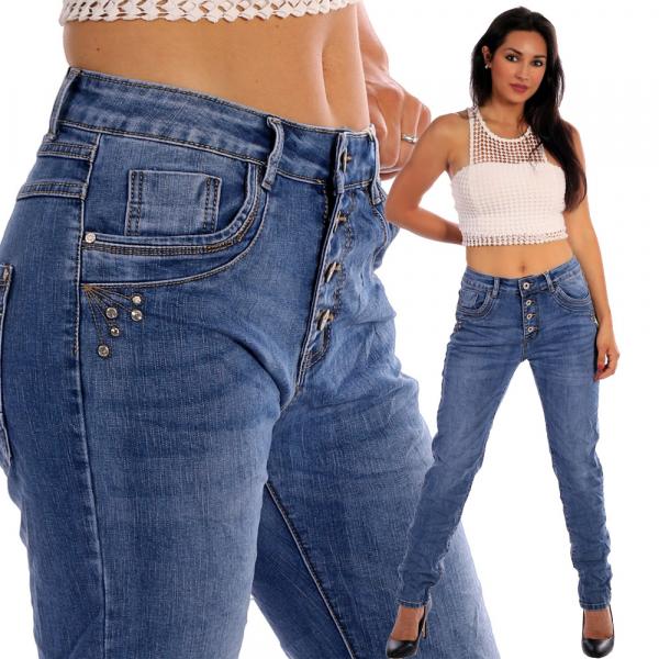 KAROSTAR Baggy Damen Jeans 4 Button Style Jeansblau mit Strassteinchen