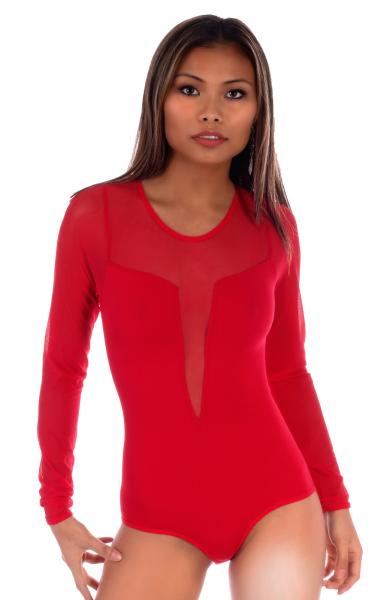 Damen Body Langarm mit transparenten Ärmeln und Dekolleté Rot
