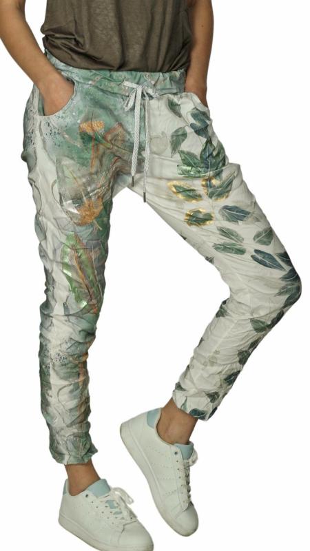 Jogger Pants Hose mit Tunnelzugschnürung modisches Blätter Design Grün Goldfarben