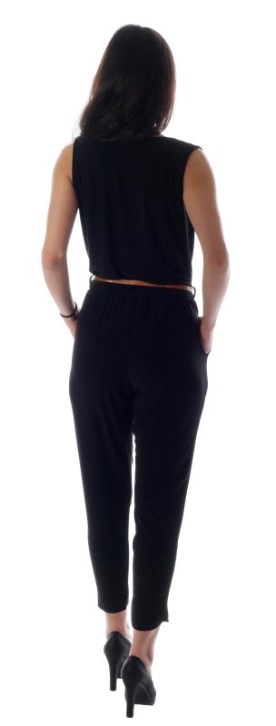 Overall Damen Jumpsuit lang Unifarben mit Gürtel Schwarz