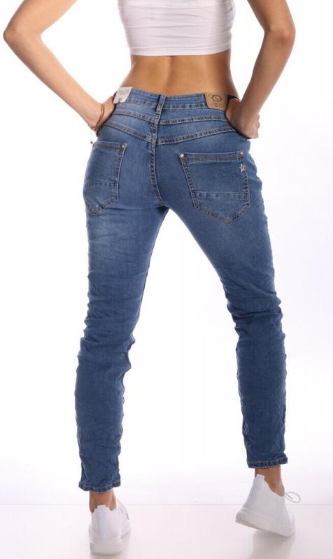 KAROSTAR Baggy Damen Jeans 1 Button Style Jeansblau Glitzer Gr. 38 - 48