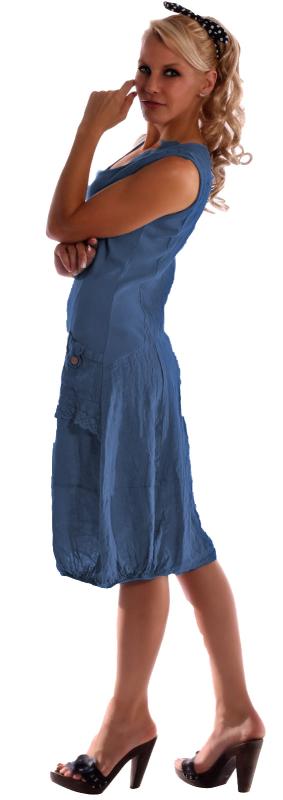 Damen Leinen Kleid ärmellos mit schönen Details Jeansblau