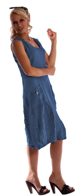 Damen Leinen Kleid ärmellos mit schönen Details Jeansblau
