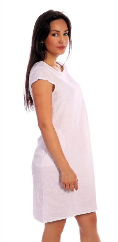 Leinenkleid Sommerkleid Kurzarm A-Linie mit Taschen unifarben Gr. 36 - 44 Weiß
