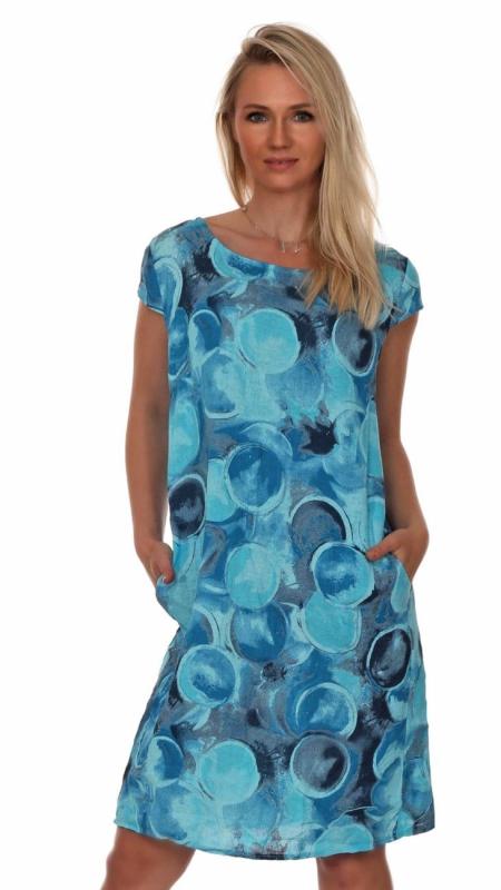 Leinenkleid Sommerkleid A-​Linie Bella Rotonda Kurzarm Blau