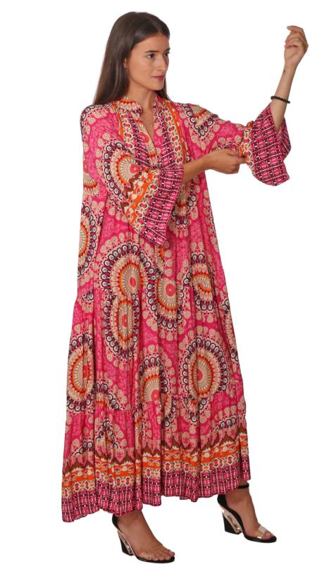 Maxikleid Sommerkleid Mandalai Design V-Ausschnitt Oversize Pink - Bunt