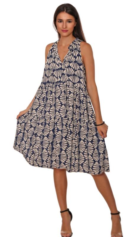 Sommerkleid ärmellos mit Muscheldruckdesign Blau Weiß