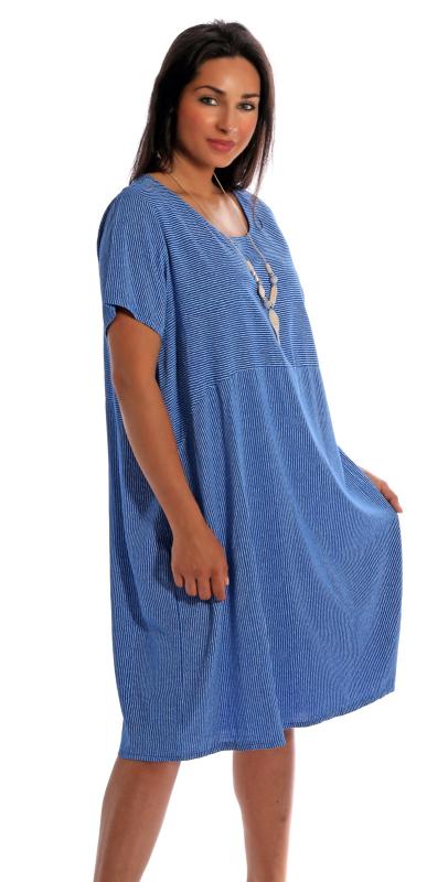 Kleid, Sommerkleid Kurzarm gestreift mit Modeschmuckkette Royalblau