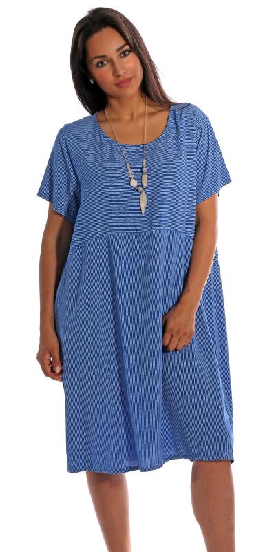 Kleid, Sommerkleid Kurzarm gestreift mit Modeschmuckkette Royalblau