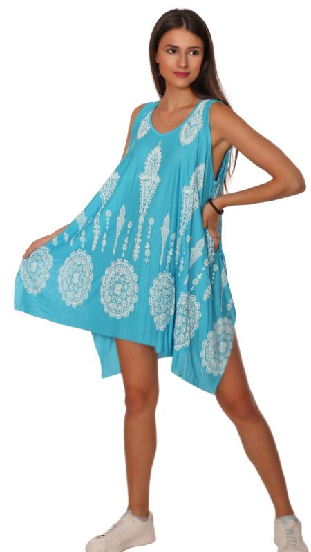 Sommerkleid Trägerkleid knielang Indian Ornamentic Print Hellblau