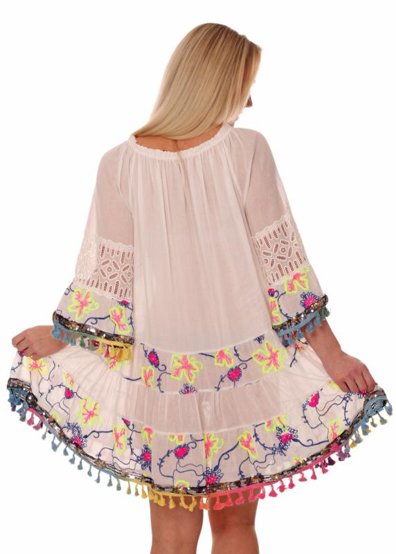 Tunikakleid Sommerkleid mediterraner Stil Pompoms Blau-Gelb-Pink