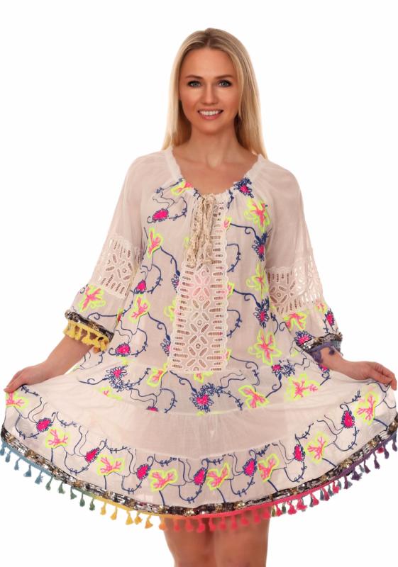 Tunikakleid Sommerkleid mediterraner Stil Pompoms Blau-Gelb-Pink