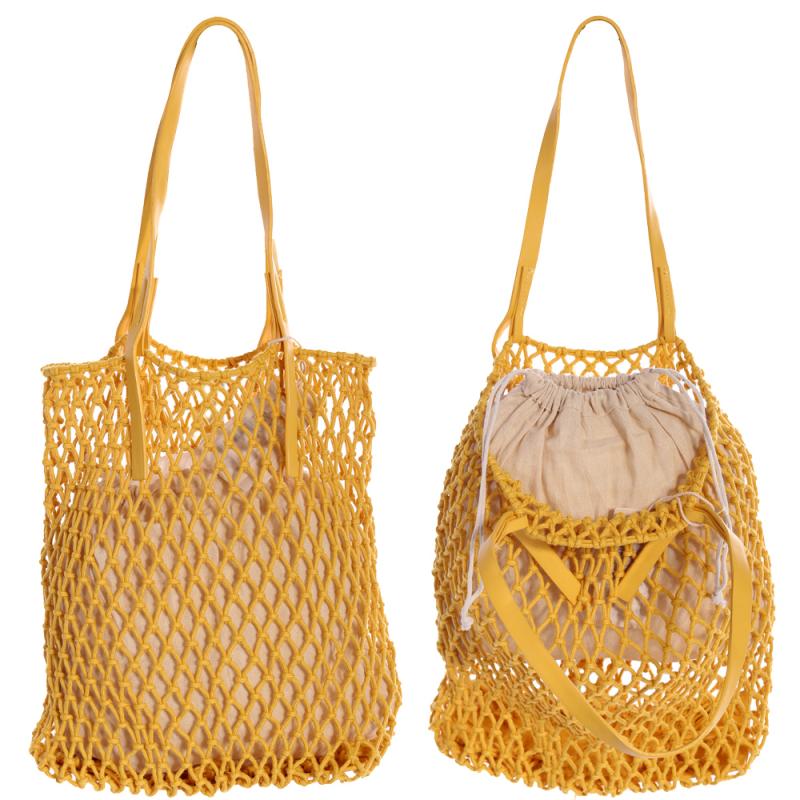 Sommertasche im Netz Look mit herausnehmbarer Beuteltasche Gelb