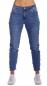 Preview: KAROSTAR Baggy Jeans One Button Style Pailletten an der Tasche Jeansblau