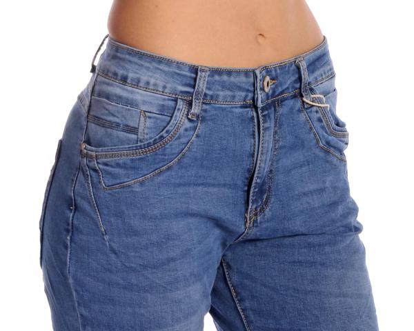KAROSTAR Baggy Jeans One Button Style Pailletten an der Tasche Jeansblau