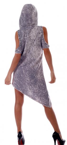 Tunika Kleid  Vintage Destroyed Look mit Pailettenkapuze Grau Glitzer