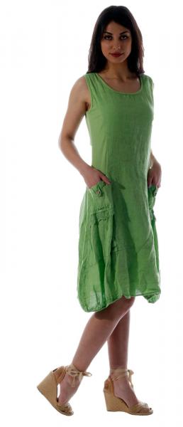 Damen Leinen Kleid ärmellos mit schönen Details Apfelgrün