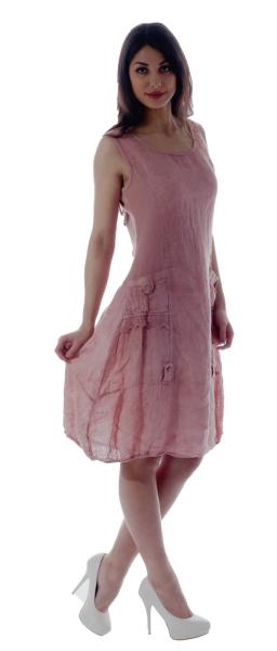 Damen Leinen Kleid ärmellos mit schönen Details Rosa