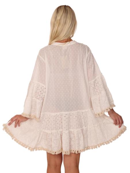 Tunika Mini Kleid mit vielen Pompons, Zierperlen und Häkelspitzendetails One size 36 - 42