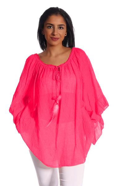 Tunika Bluse dreiviertelarm mit Feder - Quastenschnürung Oversize 36-44 Pink