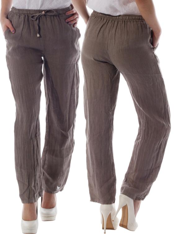 Leinen Hose Unifarben mit Gummibund Tunnelzug-Schnürung Fango Braun