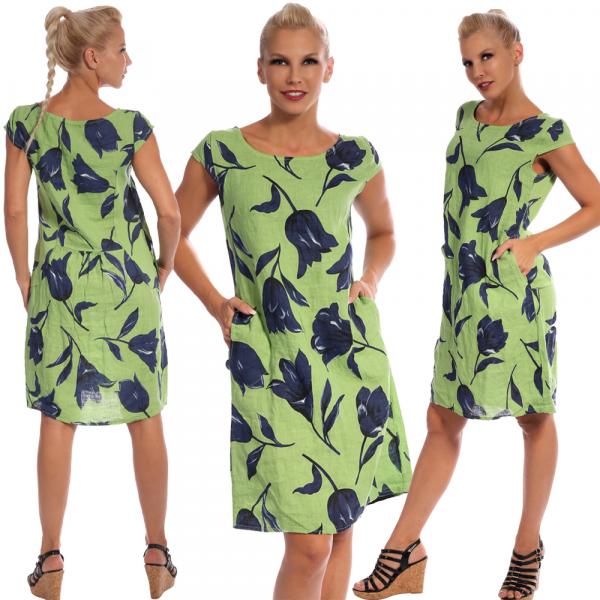 Leinen Kleid Sommerkleid Knielang Tulip Druckdesign A-Linie Apfelgrün