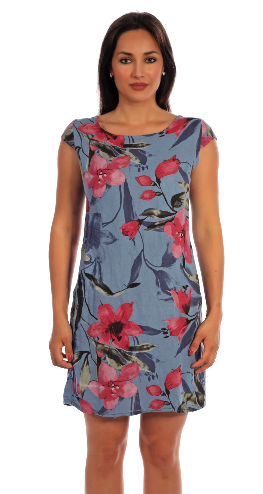 Leinen Kleid mit großem Blumen Druck - Meine Mode aus Italien