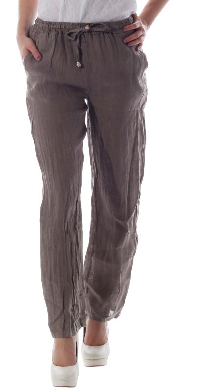 Leinen Hose Unifarben mit Gummibund Tunnelzug-Schnürung Fango Braun