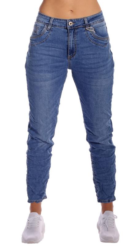 KAROSTAR Baggy Jeans One Button Style Pailletten an der Tasche Jeansblau