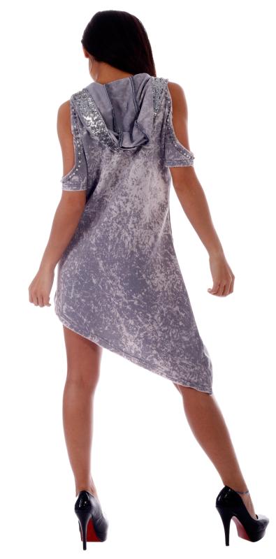 Tunika Kleid  Vintage Destroyed Look mit Pailettenkapuze Grau Glitzer
