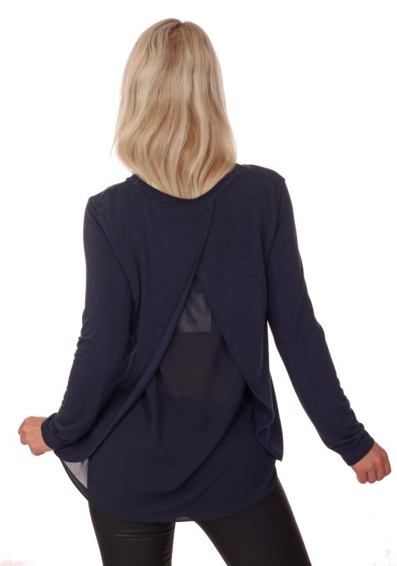 Langarmshirt Rundhalsausschnitt einfarbig mit interessantem Rückendetail Marineblau