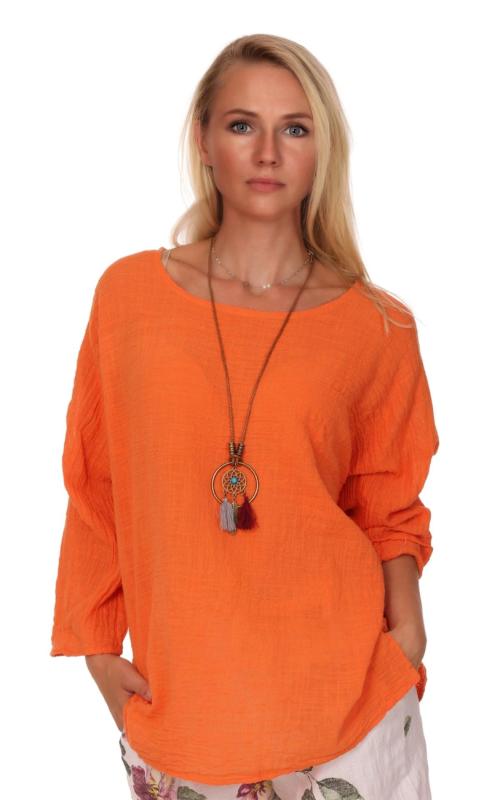 Tunika Bluse Krempelarme Bella Italiana unifarben mit Modeschmuckkette Orange