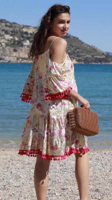 Tunikakleid Sommerkleid mit Pompoms und Häkelbordüren Boheme