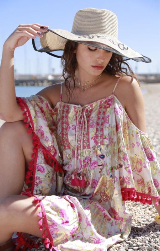 Tunikakleid Sommerkleid mit Pompoms und Häkelbordüren Boheme