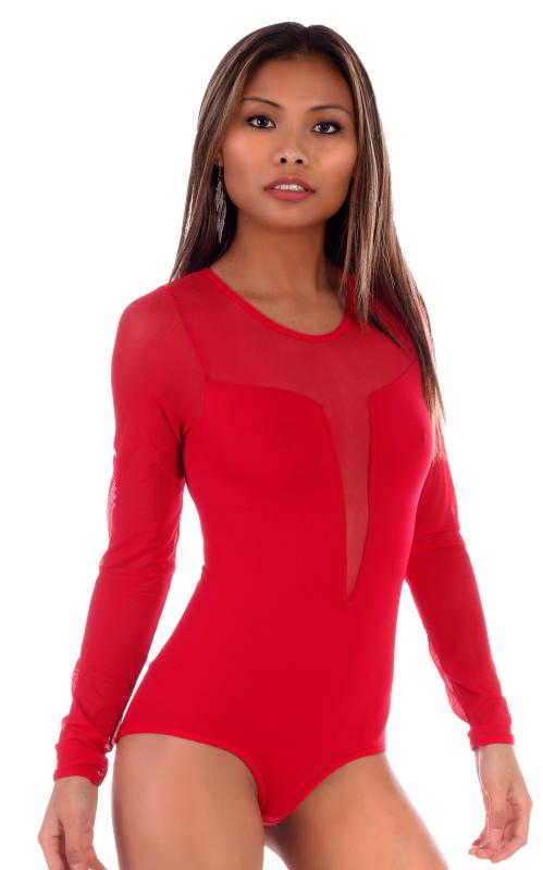 Damen Body Langarm mit transparenten Ärmeln und Dekolleté Rot